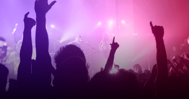 Silhouettes of concertgoers with raised hands.