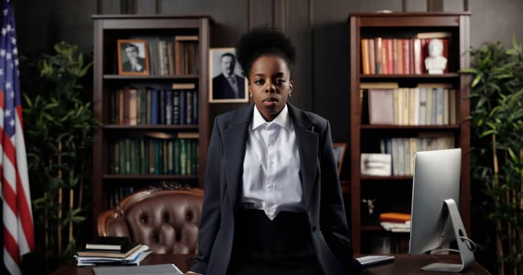 Young woman in a suit, serious expression.